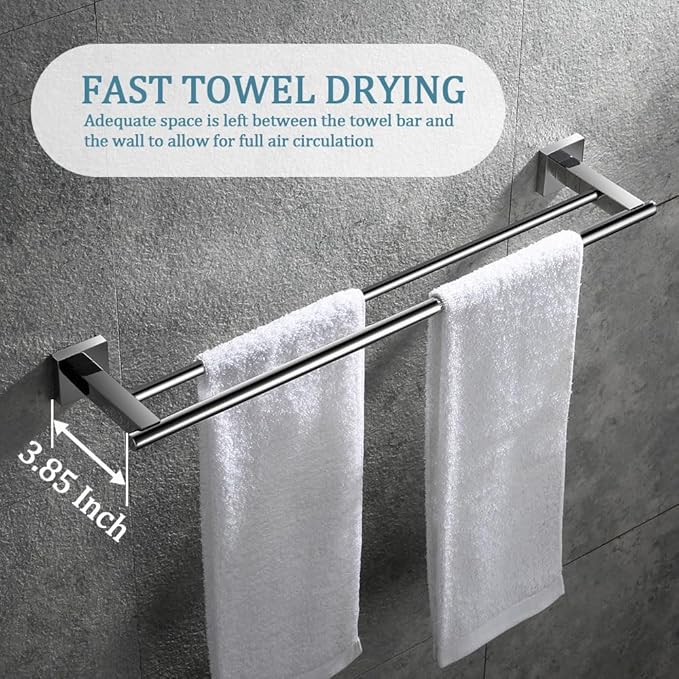 SEIDO 24 Inch Double Towel Bar, SUS 304 Stainless Steel Rustproof Towel Rack Wall Mounted, Heavy Duty Square Base Double Towel Holder for Bathroom, Kitchen, RV (Polished Chrome)