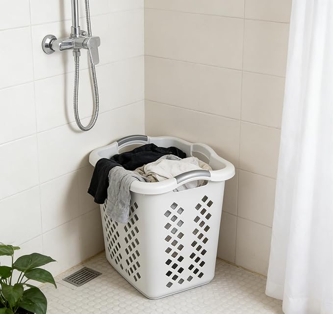 2-bushel capacity laundry baskets with silver handles, white, 2-pack