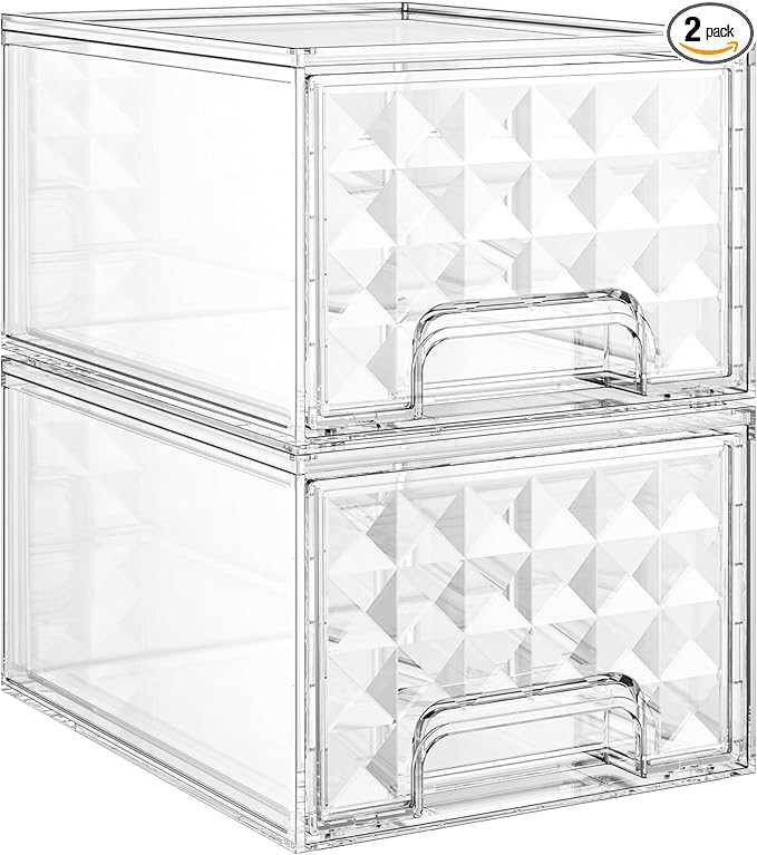 Delamu 2 Pack Stackable Storage Drawers, Makeup Skincare Holder Vanity Storage Organizer, Plastic Drawers For Vanity Desk, Undersink, Kitchen Cabinet, Pantry, Clear, Ideal Christmas Gifts for Girls