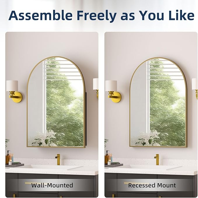 Medicine Cabinets for Bathroom, Brush Gold Arched Medicine Cabinet Recessed or Surface Wall-Mounted,Modern Bathroom Vanity Mirror with Storage, Mirrored Cabinet with Adjustable Shelves,20x30 Inch
