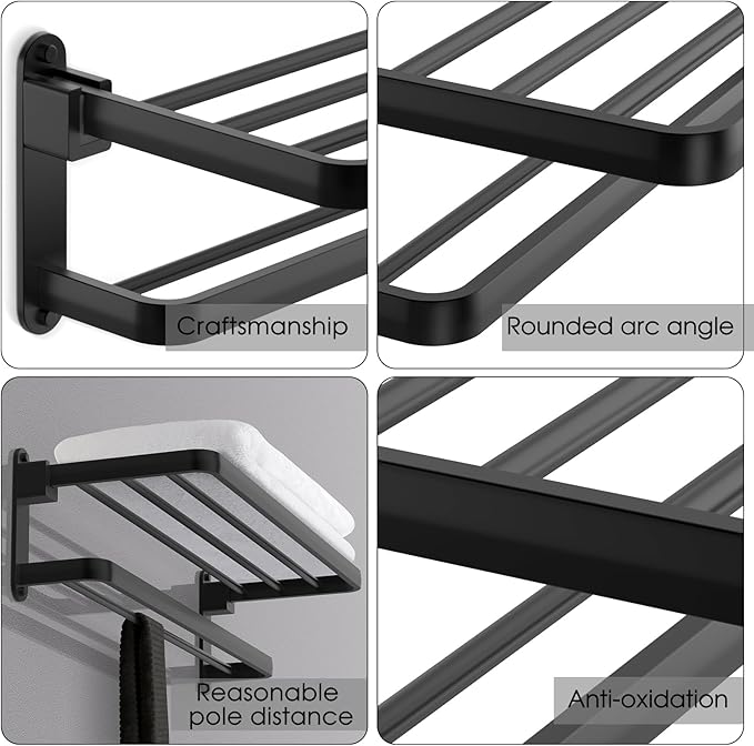 BOZWELL Bathroom Lavatory Towel Rack with Two Towel Bars,16-Inch（40cm） Towel Holder with Shelf BZ305-A (Matte Black)