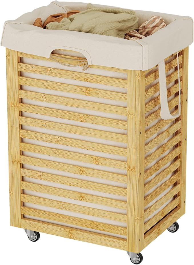 Laundry Hamper with Wheels,Rolling Laundry Basket with Removable Bag,Bamboo Clothes Hampers with Handles for Clothing, Bathroom, Bedroom, Laundry Room (Natural)