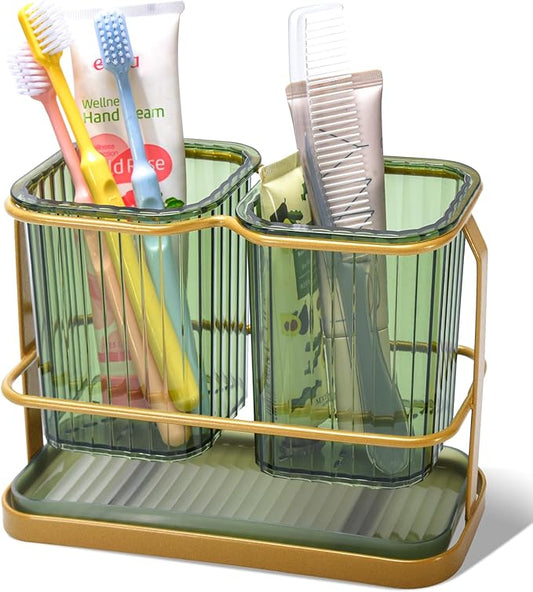 KONE Green Toothbrush Holders for Bathrooms, 2 Cups Toothbrush Holders Wall Mounted, Dry & Wet Separation, Bathroom Organizers and Storage, Bathroom Toothbrush Holder Set for Family Kids