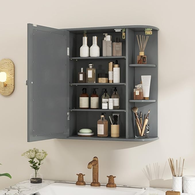 COSTWAY Medicine Cabinet with Mirror, Wall Mounted Bathroom Storage Cabinet with Mirror Door and Adjustable Shelves, Space-Saving Storage Organizer for Living Room Kitchen Entryway (Gray)