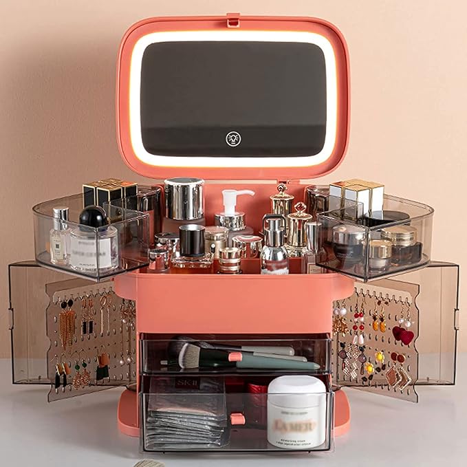 Makeup Organizer (Orange with LED) Fully Open Lid Drawers Handle Skincare Case elegant display cabinet for Bathroom Countertop and Bedroom Vanity Dresser，Cosmetics storage display rack with drawer