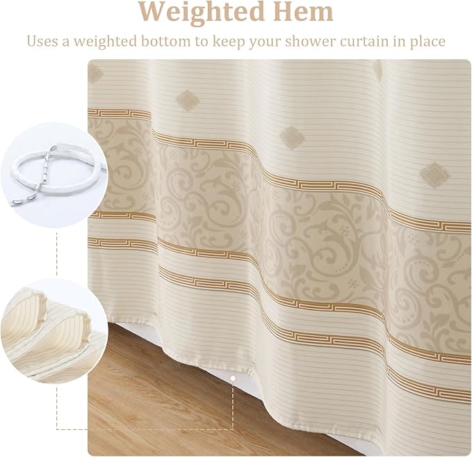 Fabric Shower Curtain, Waterproof for Bathroom with Beige Tan Stripe, 72" W x 72" H