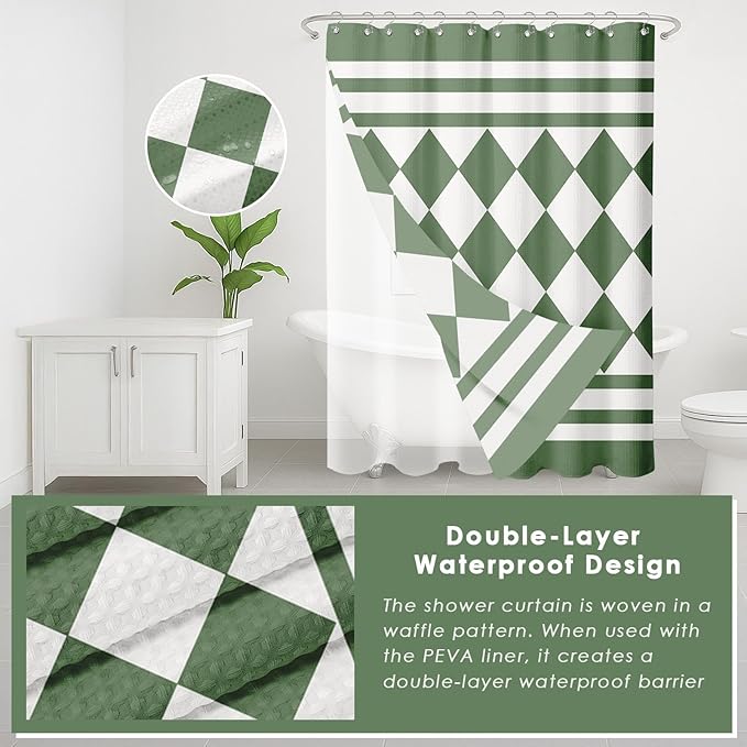 Britimes Sage Green Bathroom Sets with Shower Curtain and Rugs, Modern Geometric Striped Waterproof Shower Curtain Liner and Soft Non Slip Bath Mat for Bathroom Decor and Accessories Hooks