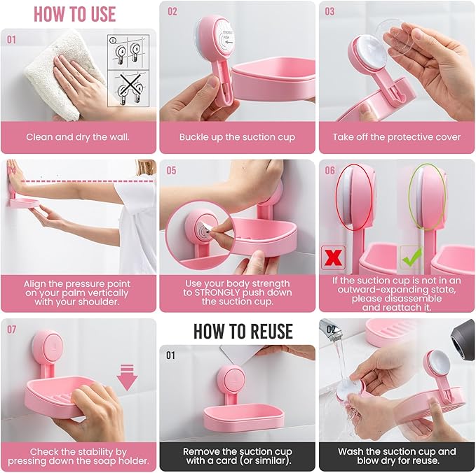 TAILI Soap Holder Soap Dish for Shower, Suction Cup Soap Holder for Shower Wall, Bathroom Accessories, Removable Strong Hold Soap Saver, Drill Free, Pink