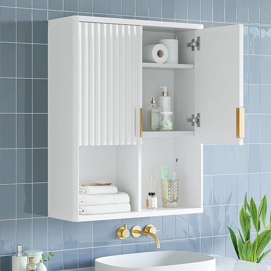 Besiter Fluted Bathroom Wall Cabinet, 23"x 29" Wall Mounted Medicine Cabinet with 2 Doors & Adjustable Shelves, Over The Toilet Storage Cabinet for Laundry Rroom, Kitchen & Living Room (Glossy White)
