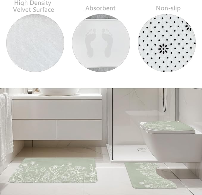 Riyidecor Sage Green Floral Wildflower 4Pcs Bathroom Shower Curtain Sets Vintage Botanical Leaves Bathroom Decor Set with Rugs and Accessories Rustic Toilet Lid Rug, Contour and Bath Mat with 12 Hooks