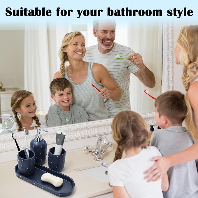 YMXYJM - Bathroom Accessories Sets 4-Piece, Premium Pastel Heart Bathroom Accessory Complete Set - Toothbrush Holder, Lotion Soap Dispenser, Vanity Tray, Bathroom Tumbler for Countertop Vanity, Blue