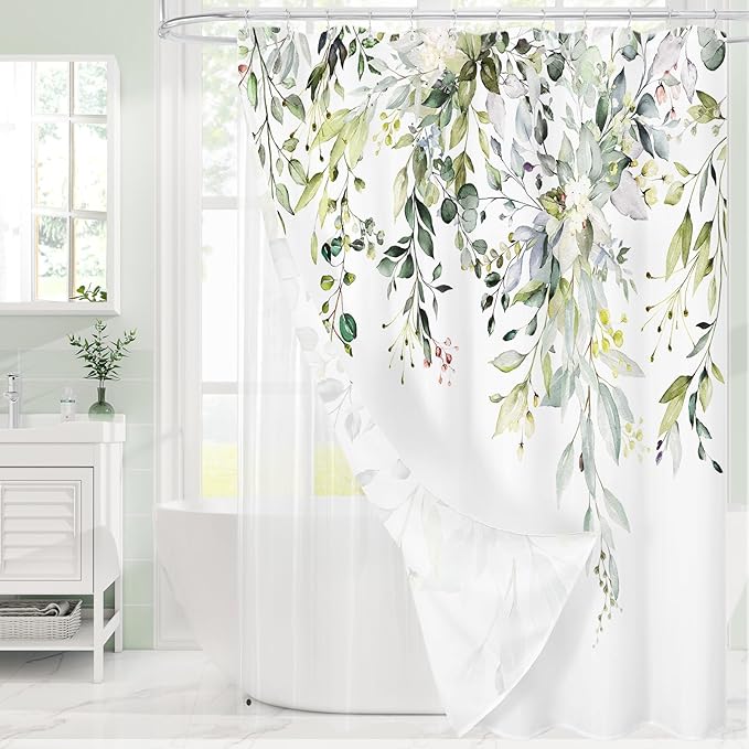 Gibelle Long 3 in 1 Shower Curtain Set, Watercolor Eucalyptus Bath Curtain and PEVA Liner Set with 12 Metal Hooks, Modern Waterproof Fabric Bathroom Curtain 72x78, Sage Green