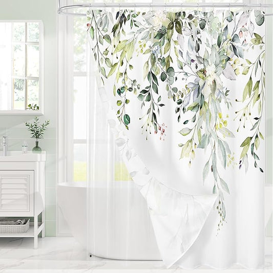 Gibelle Long 3 in 1 Shower Curtain Set, Watercolor Eucalyptus Bath Curtain and PEVA Liner Set with 12 Metal Hooks, Modern Waterproof Fabric Bathroom Curtain 72x78, Sage Green