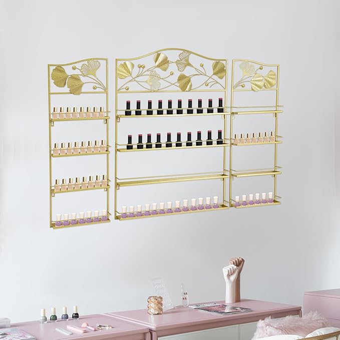 3Pcs Wall-Mounted Nail Polish Racks, 4-Tier Metal Makeup Display Wall Shelf Storage Organizer for Cosmetic Perfume Lipstick Home Spa Nail Salon (Gold)