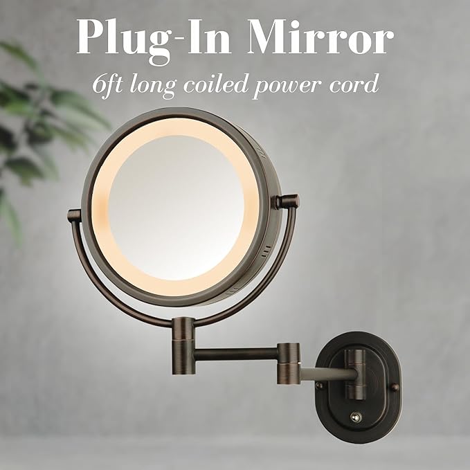 JERDON Wall-Mounted Magnifying Mirror with LED Lights - Lighted Makeup Mirror with 5X Magnification - Plug in - Bronze Finish, Model HL65BZ