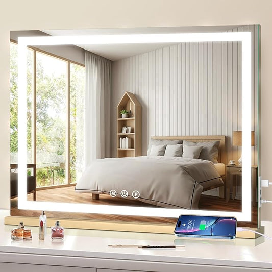 Large Lighted Vanity Mirror, 23" x 19" Light Up Make up Mirror with Smart Touch 3 Colors Dimmable, Tabletop or Wall-Mounted, Memory Function