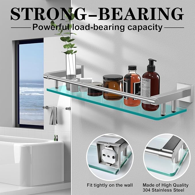 2 Pack Glass Shelf Bathroom Shelves for Bathroom 21inch Rectangular Holder Brackets Stainless Steel Tempered Glass Modern Toilet Storage Stand Mount Accessories Brushed Nickel