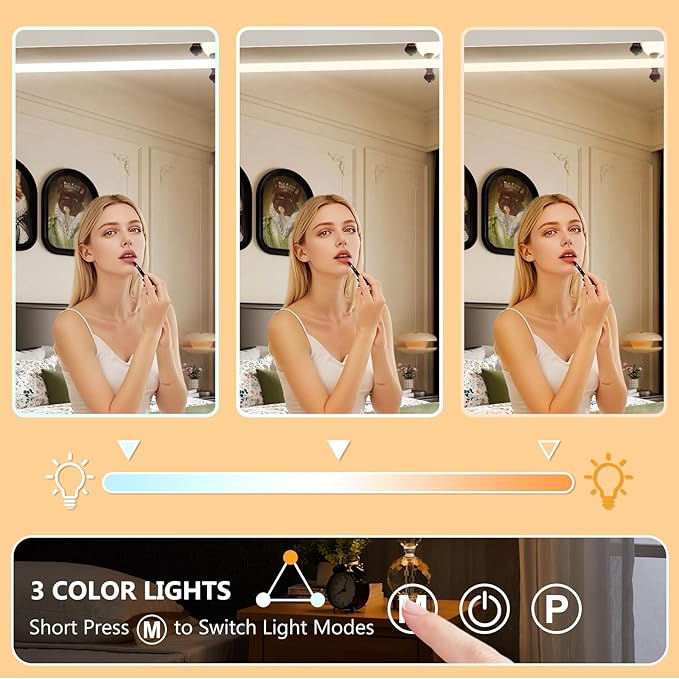Ratsamee 48" x 30" Vanity Mirror with Lights, Led Makeup Mirror, Lighted Makeup Mirror with 3 Color Dimmable Lights, Smart Touch Screen Control, Aluminum Metal Frame,USB Charging Port