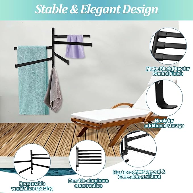 Rotating Pool Towel Rack, 5 Bars Swivel Outdoor Towel Rack with Hook Space Saving Wall Mounted Metal Towel Holder Swing Out Ideal for Pool, Hot Tub,Shower,Balcony