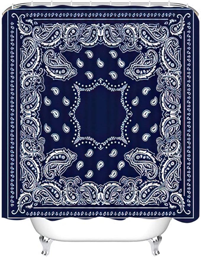 4 Piece Western Shower Curtain Waterproof White and Blue Geometric Line White Bandana Bathroom Sets with Non-Slip Rugs, Toilet Lid Cover and Bath Mat with Standard Size