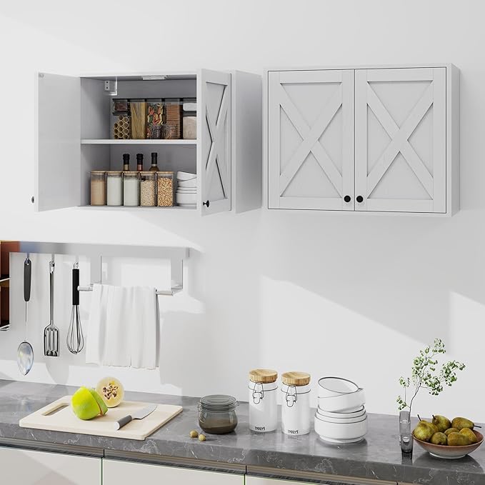YOURLITE Laundry Cabinet, Medicine Cabinet, Bathroom Kitchen Storage Wall Mounted Farmhouse Organizer with Shelves Over Toilet, One Set of 2 Pieces X 24", White