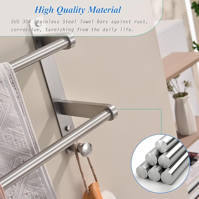 30-Inch Double Towel Rack with Hooks - Brushed Stainless Steel Long Towel Hanger, Wall Mounted Towel Bar for Bathroom