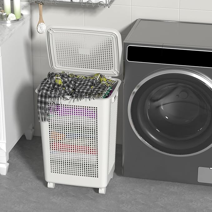 65 L Large Laundry Basket with Lids, Plastic Laundry Hamper with Wheels, 4 Packs