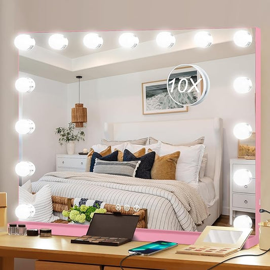 Moonee Pink Vanity Mirror with Lights, Hollywood Lighted Makeup Mirror with 15 Dimmable Bulbs and 10X Magnification, 3 Colors Modes, Aluminum Metal Frame, Light Up Mirror for Tabletop/Wall（23" x 18"）