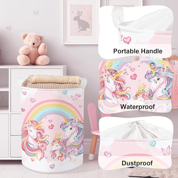 Clastyle 45L Large Pink Unicorn Rainbow Kid Laundry Hamper for Girl Collapsible Heart Butterfly Clothes Toy Nursery Storage Basket with Lid