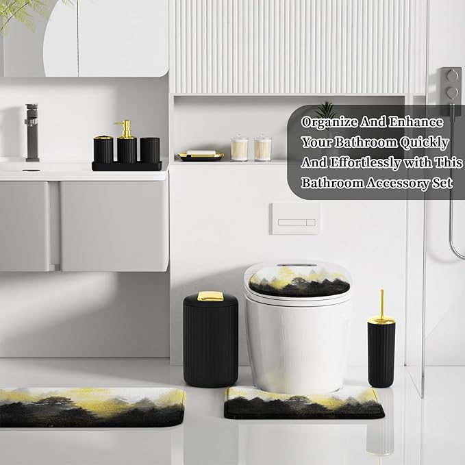 Black and Gold Bathroom Accessories, Bathroom Sets with Shower Curtain and Rugs, Bath Rugs Accessory Set with Bathroom Trash Can, Soap Dispenser, Soap Dish for Home Decor