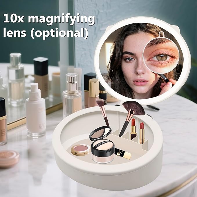 LED Mskeup Mirror with Storage, 4K high-Definition Touch Screen Travel Vanity Mirror with 3 Types of Lights, USB Charging, Magnetic 3-inch 10x Magnifying Glass (Pink)