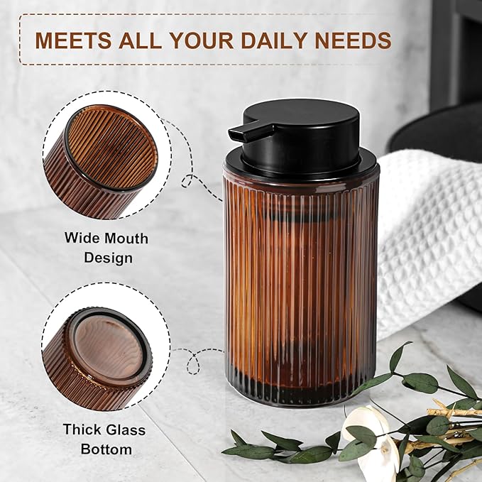 KASUNTING Foaming Soap Dispenser, Amber Glass Foam Hand Soap Dispenser for Bathroom, 11 Fl Oz Ribbed Refillable Foaming Pump Bottle with Black Pump, Modern Dish Soap Foam Dispenser