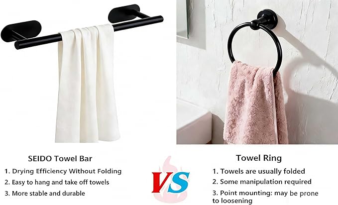 SEIDO Adhesive Towel Bar for Bathroom, 304 Stainless Steel Towel Holder Wall Mount, 16 Inch Towel Racks for Bathroom, No Drilling Needed, Matte Black