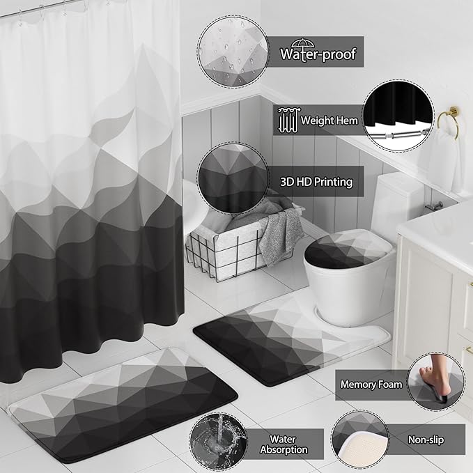 XLHOMO Bathroom Accessory Set - 26PC Bathroom Shower Curtain and Rug Set, Bathroom Accessories Set, Black Bathroom Set with Trash Can, Toilet Brush, Qtip Holder & Soap Dispenser