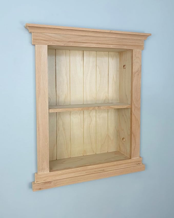 Fox Hollow Furnishings 14x18 Elliot Craftsman Recessed Wood Wall Niche, Open Medicine Cabinet Replacement, in Wall Bathroom Cabinet Insert Shelves, Made in North America, NO MDF, Beadboard, Unfinished