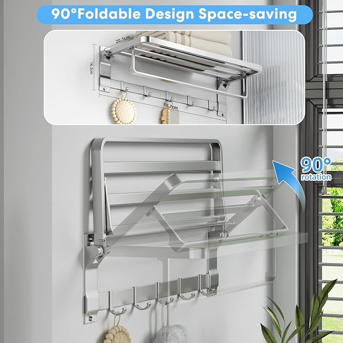 Foldable Towel Rack Wall Mounted, 23 Inch Rustproof Aluminum Bathroom Towel Shelf with Towel Bar & 5 Hooks, Space Saving Towel Storage Organizer for Bathroom Kitchen Laundry Room, Silver