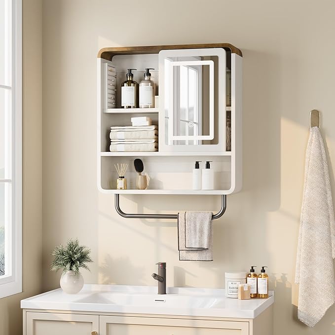 QUW Modern Bathroom Wall Cabinet, Medicine Cabinets with Mirror, Over The Toilet Storage Cabinet for Bathroom, Towel Bar, Sliding Door, 3 Lighting Modes, Adjustable Brightness, Antique White