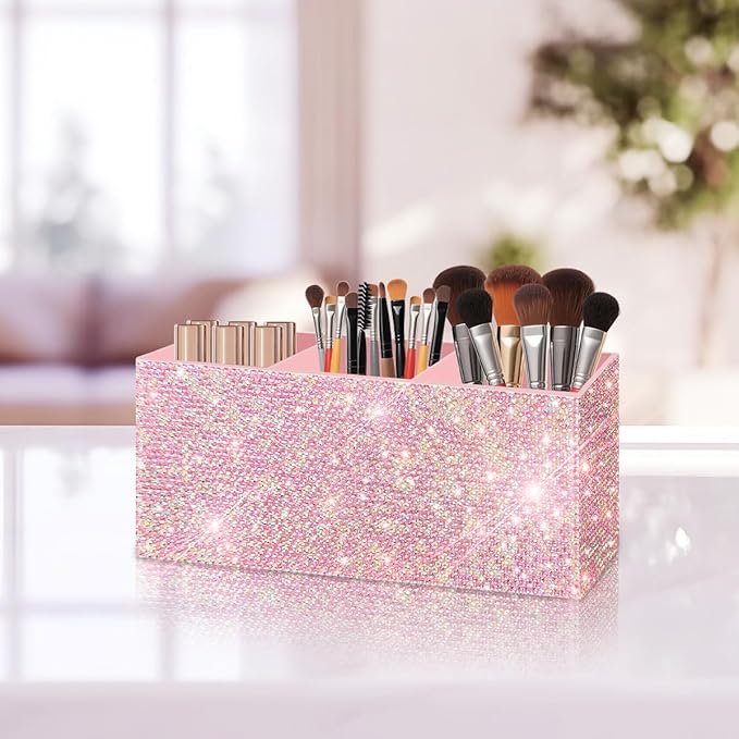 Bling Makeup Brush Holder Organizer, 3 Slot Sparkle Cosmetics Brushes Storage Holders with Shiny Rhinestones, Glitter Cute Pen and Pencil Holder for Desk, Eyeliners Display Case for Vanity???Pink???