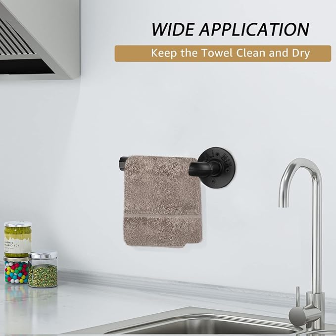 Industrial Black Toilet Paper Holder and Towel Ring, Bathroom Hardware Set, Wall Mounted Hardware Accessories, Includes Pipe Towel Rack Towel Ring, Matte Black Iron Finish for Bathroom 2PCS