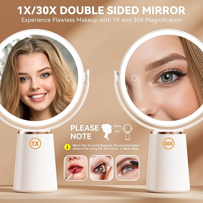 Auxmir Makeup Mirror with Lights, Double Sided 30X/1X Magnifying Mirror, 3 Color Stepless Dimmable Mirrors with Touch Screen, 2000 mAh Rechargeable 360° Free Standing Vanity Mirrors for Women