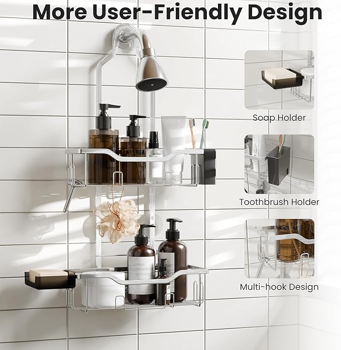 Hanging Shower Caddy Over Showerhead, 2 Tier Rustproof Bathroom Shower Organizer, No Drill Shower Rack with Soap Dish, Toothbrush Holder and 12 Hooks,Silver
