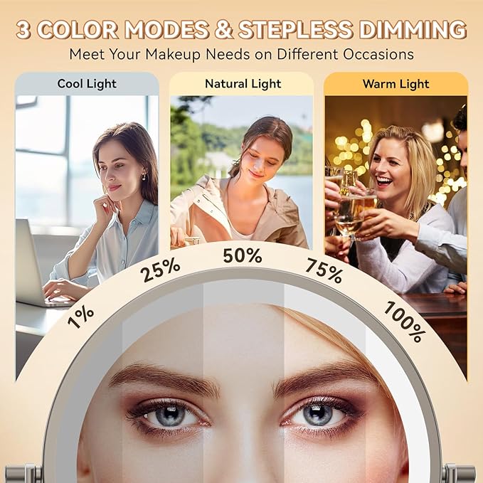 Auxmir 8'' Wall Mounted Lighted Makeup Mirror, 3200mAh Rechargeable Double-Sided 1X/20X Magnifying Mirror with Light, Touch Dimmable 3 Color Light, 360° Rotation Foldable Extended Arm, Nickel