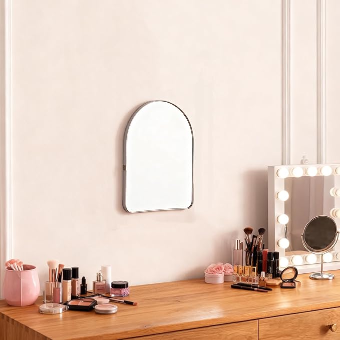 Funly mee Arched Wall Mirror, 7.9 x 11.8 inches, Wall-Mounted Plastic Mirror, for Bathroom and Vanity (Sliver, 7.9 x11.8)