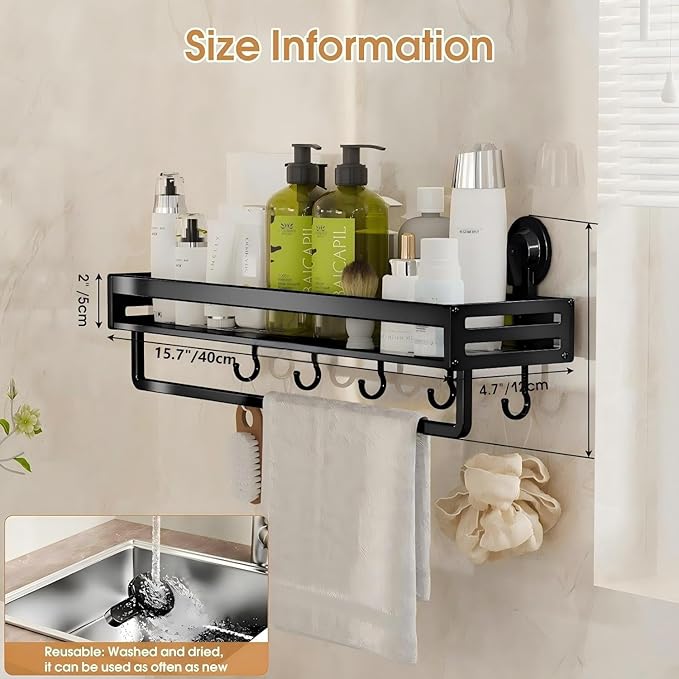 Shower Caddy Suction Cup, 15.7 inch Suction Shower Shelf with Hooks NO-Drilling Bathroom Holder, Rustproof Bathroom Organizer, Black