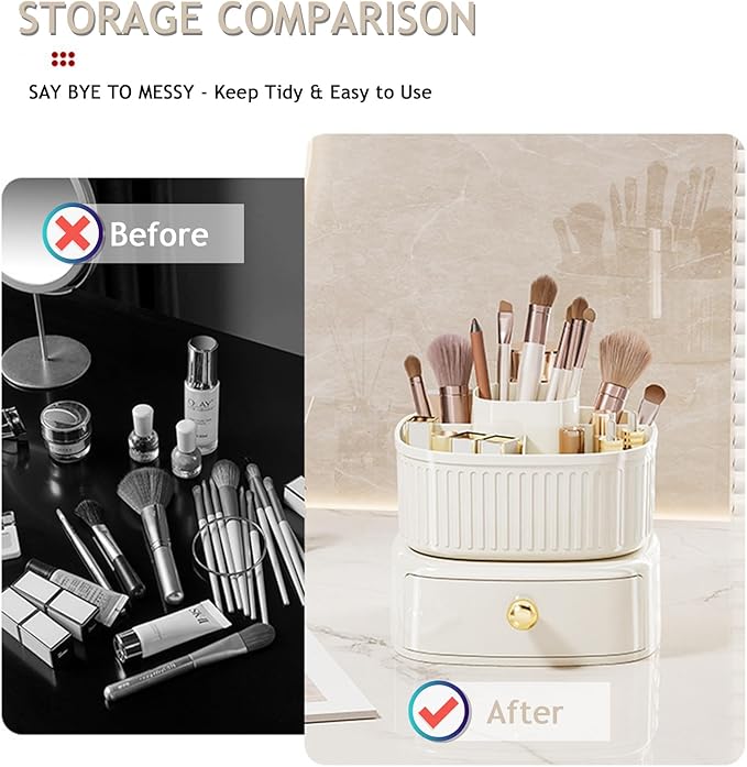 360 Rotating Makeup Brush Holder, 5 Slots Makeup Desk Organizer, Cosmetic Display cases With drawer, Makeup Organizer for Vanity, Bedroom Decor, Bathroom Organizer