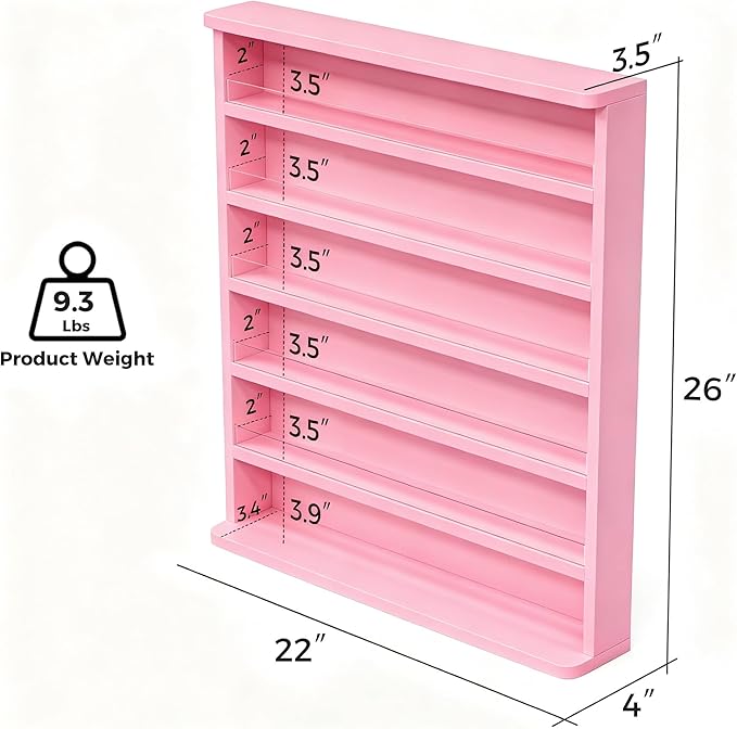 Kikihouse Wood Nail Polish Rack 2 Packs, Wall Mount Nail Polish Organizer, 6 Layers Nail Salon Storage Display Shelves Perfume Essential Oil Bottles Holder w/Acrylic Baffle, Pink