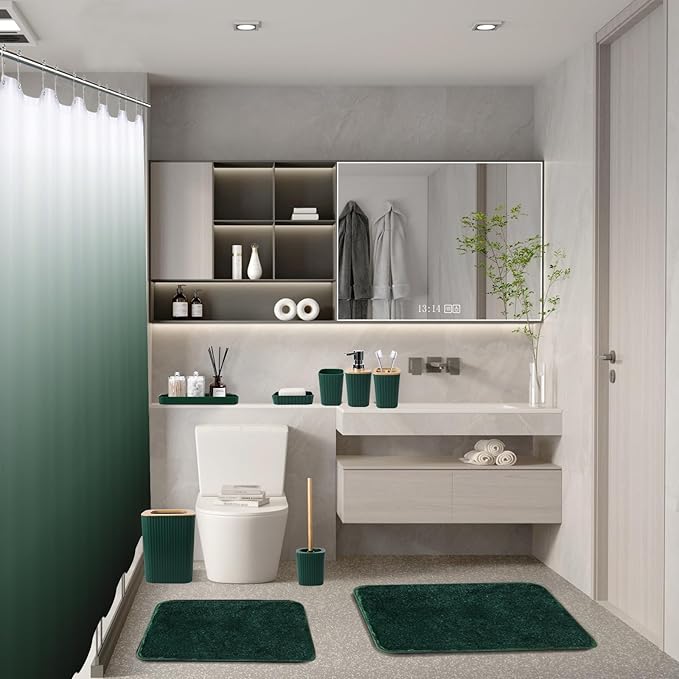 XLHOMO Dark Green Bathroom Accessories Set with Ombre Shower Curtain and Bathroom Rugs,Bathroom Sets with Trash Can,Toothbrush Holder and Cup,Soap Dispenser,Tray,Soap Dish,Toilet Brush,Qtip Holders