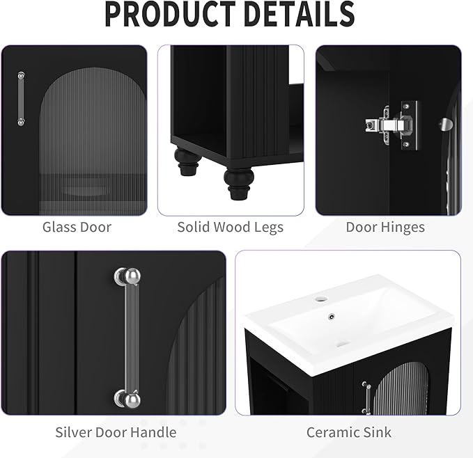 Virubi 20" Small Bathroom Vanity with Sink and Glass Door,Storage Shelf & Toilet Paper Holder,Solid Wood & MDF Modern Single Bathroom Sink Cabinet with Glass Door Freestanding,Black