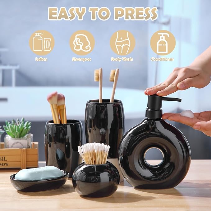 FoldTier 5 Pcs Ceramic Bathroom Accessories Set Includes Soap Dispenser Toothbrush Cup Holder Soapbox Holder Stylish Modern Bathroom Matte Glaze Decor(Black)