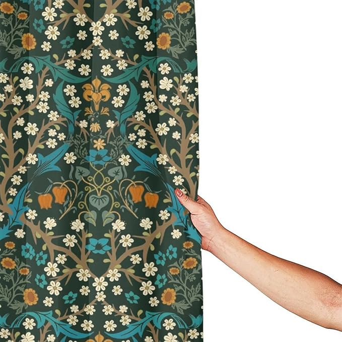 Mid Century Vintage Daisy Fabric Shower Curtain,Green Garden Flower William Morris Abstract Art Hotel Quality,Machine Washable,72L x66W for Bathroom.